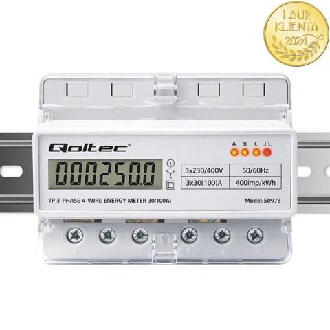 Qoltec Trójfazowy elektroniczny licznik | miernik zużycia energii na szynę DIN | 400V | 100A | LCD | LED | 7P