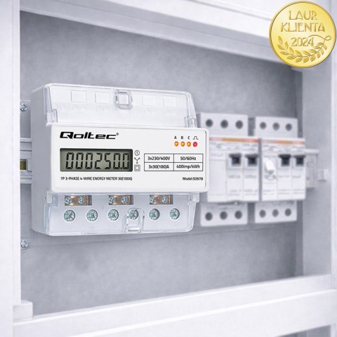 Qoltec Trójfazowy elektroniczny licznik | miernik zużycia energii na szynę DIN | 400V | 100A | LCD | LED | 7P