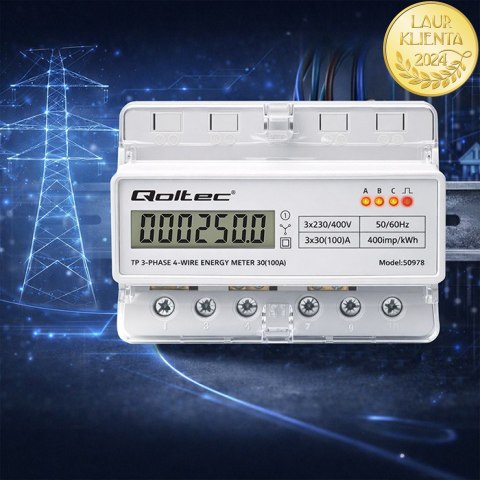 Qoltec Trójfazowy elektroniczny licznik | miernik zużycia energii na szynę DIN | 400V | 100A | LCD | LED | 7P