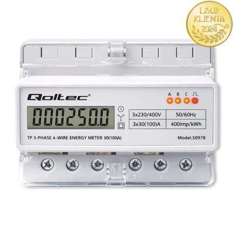 Qoltec Trójfazowy elektroniczny licznik | miernik zużycia energii na szynę DIN | 400V | 100A | LCD | LED | 7P