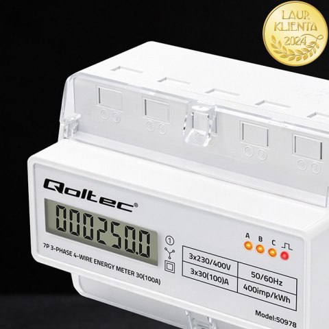 Qoltec Trójfazowy elektroniczny licznik | miernik zużycia energii na szynę DIN | 400V | 100A | LCD | LED | 7P