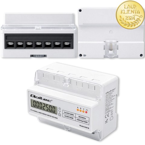 Qoltec Trójfazowy elektroniczny licznik | miernik zużycia energii na szynę DIN | 400V | 100A | LCD | LED | 7P