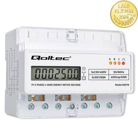 Qoltec Trójfazowy elektroniczny licznik | miernik zużycia energii na szynę DIN | 400V | 100A | LCD | LED | 7P