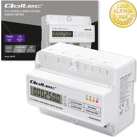 Qoltec Trójfazowy elektroniczny licznik | miernik zużycia energii na szynę DIN | 400V | 100A | LCD | LED | 7P