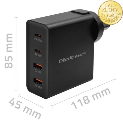 Qoltec Ładowarka GaN POWER PRO | 2xUSB-C | 2xUSB | 130W | 5-20V | 1.5-5A | PD | Laptop | Smartfon | Czarna