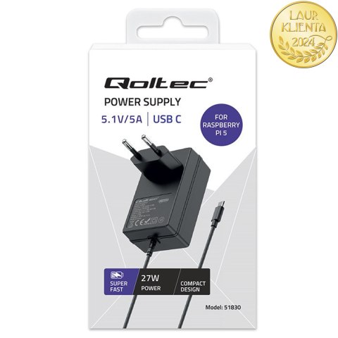 Qoltec Ładowarka Super FAST PD do Raspberry PI 5 | USB-C | 27W | 5.1V | 5A | Czarna