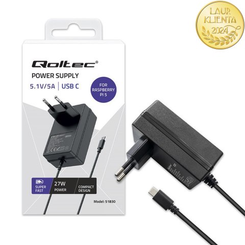 Qoltec Ładowarka Super FAST PD do Raspberry PI 5 | USB-C | 27W | 5.1V | 5A | Czarna