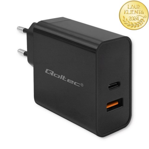 Qoltec Ładowarka Super Quick PD |1xUSB-C | 1xUSB | 65W | 5-20V | 1.5-3.25A | Laptop | Smartfon | Czarna