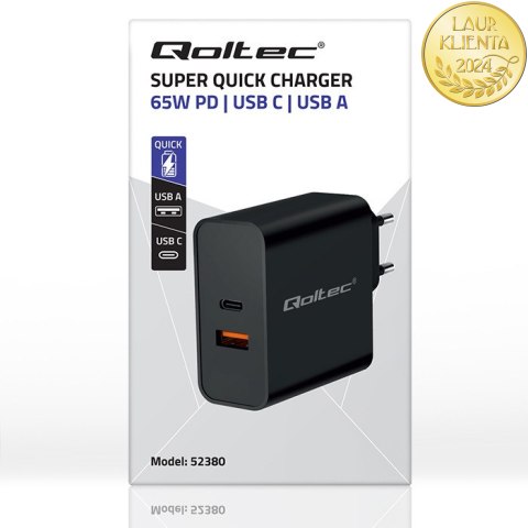 Qoltec Ładowarka Super Quick PD |1xUSB-C | 1xUSB | 65W | 5-20V | 1.5-3.25A | Laptop | Smartfon | Czarna
