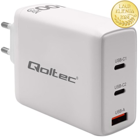 Qoltec Ładowarka sieciowa 100W GaN | 5-20V | 1.5-5A | 2 x USB-C PD | 1 x USB QC 3.0 | Laptop | Smartfon | Biała