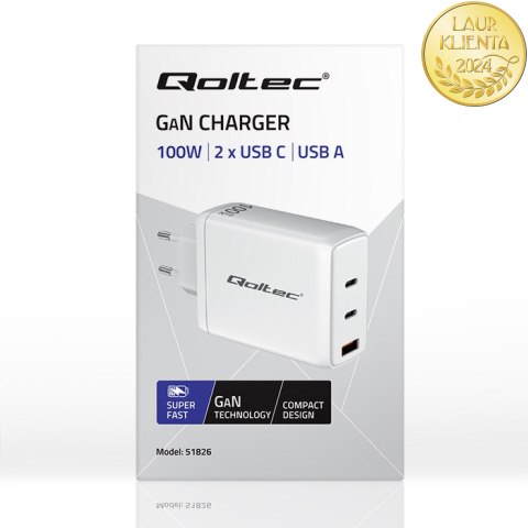 Qoltec Ładowarka sieciowa 100W GaN | 5-20V | 1.5-5A | 2 x USB-C PD | 1 x USB QC 3.0 | Laptop | Smartfon | Biała