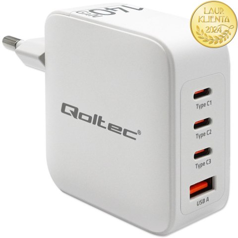 Qoltec Ładowarka sieciowa 140W GaN | 5-20V | 2.5-5A | 3 x USB-C PD | 1 x USB QC 3.0 | Laptop | Smartfon | Biała