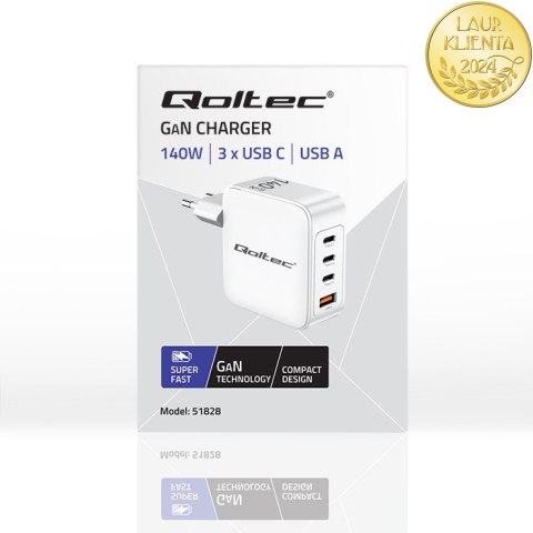 Qoltec Ładowarka sieciowa 140W GaN | 5-20V | 2.5-5A | 3 x USB-C PD | 1 x USB QC 3.0 | Laptop | Smartfon | Biała