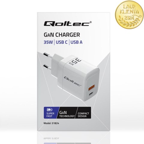 Qoltec Ładowarka sieciowa 35W GaN | 5-20V | 1.5-3A | 1 x USB-C PD | 1 x USB QC 3.0 | Biała