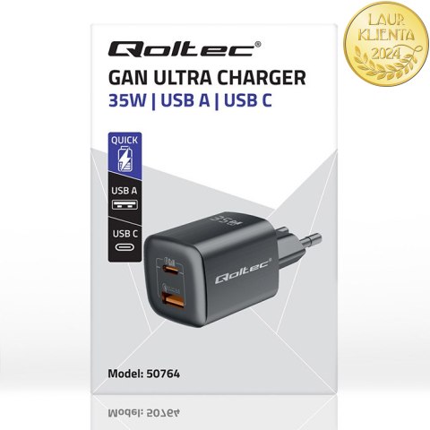Qoltec Ładowarka sieciowa 35W GaN ULTRA | 5-20V | 2.25-3A | 1 x USB typ C PD | 1 x USB QC 3.0 | Czarna