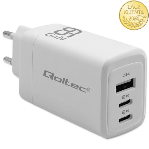 Qoltec Ładowarka sieciowa 65W GaN | 5-20V | 3-3.35A | 2 x USB-C PD | 1 x USB QC 3.0 | Laptop | Smartfon | Biała