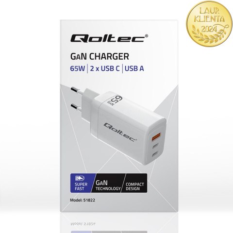 Qoltec Ładowarka sieciowa 65W GaN | 5-20V | 3-3.35A | 2 x USB-C PD | 1 x USB QC 3.0 | Laptop | Smartfon | Biała