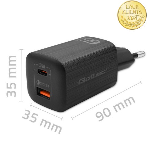 Qoltec Ładowarka sieciowa 65W GaN ULTRA | 5-20V | 2.25-3.25A | 1 x USB typ C PD | 1 x USB QC 3.0 | Laptop | Smartfon | Czarna