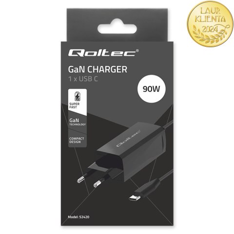 Qoltec Ładowarka sieciowa 90W GaN Super Fast | 5-20V | 3-4.5A | USB-C 3.1 | Laptop | Smartfon | Tablet