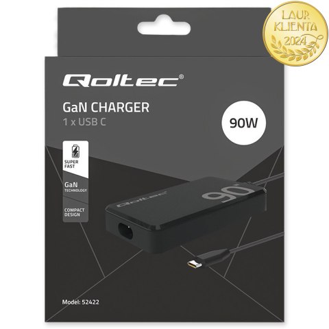 Qoltec Ładowarka sieciowa 90W GaN Super Fast SLIM | PD | 5-20V | 4.5A | USB-C 3.1 | Laptop | MacBook | Smartfon | + kabel