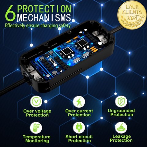 Qoltec Mobilna ładowarka do samochodu elektrycznego EV i hybryd z regulacją 2w1 Typ2 | 11kW | 3 Fazy | CEE 32A | LCD | Przenośna