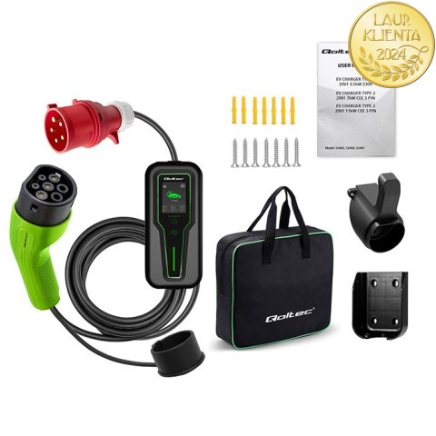 Qoltec Mobilna ładowarka do samochodu elektrycznego EV i hybryd z regulacją 2w1 Typ2 | 11kW | 3 Fazy | CEE 32A | LCD | Przenośna
