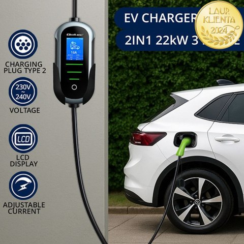 Qoltec Mobilna ładowarka do samochodu elektrycznego EV i hybryd z regulacją 2w1 Typ2 | 22kW | 400V | CEE 32A | Wi-fi | TUYA | SM