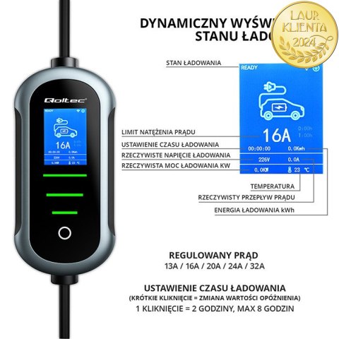 Qoltec Mobilna ładowarka do samochodu elektrycznego EV i hybryd z regulacją 2w1 Typ2 | 22kW | 400V | CEE 32A | Wi-fi | TUYA | SM