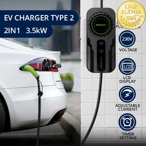 Qoltec Mobilna ładowarka do samochodu elektrycznego EV i hybryd z regulacją 2w1 Typ2 | SCHUKO 16A | 3.5kW | 230V | LCD | Przenoś