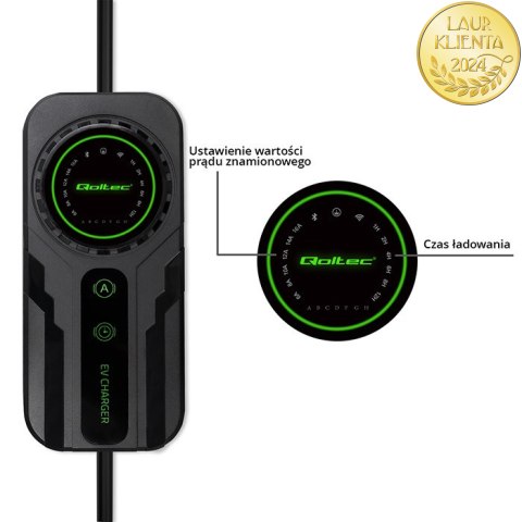 Qoltec Mobilna ładowarka do samochodu elektrycznego EV i hybryd z regulacją 2w1 Typ2 | SCHUKO 16A | 3.5kW | 230V | LCD | Przenoś