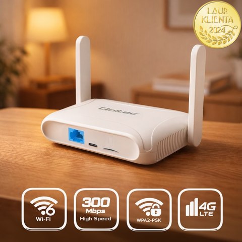 Qoltec Router Home & Travel 4G LTE WiFi 6 | AX300 | 2.4GHz | Dual Antena | USB-C | Micro SIM