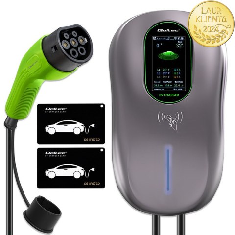 Qoltec Stacja ładowania EV Typ2 do samochodu elektrycznego i hybryd | 22kW | LCD | 2 Karty EV | 3 fazy | Wallbox | Hotel system 