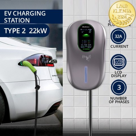 Qoltec Stacja ładowania EV Typ2 do samochodu elektrycznego i hybryd | 22kW | LCD | 2 Karty EV | 3 fazy | Wallbox | Hotel system 