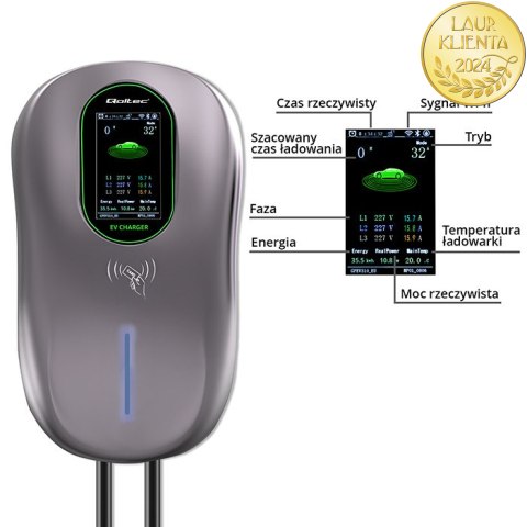 Qoltec Stacja ładowania EV Typ2 do samochodu elektrycznego i hybryd | 22kW | LCD | 2 Karty EV | 3 fazy | Wallbox | Hotel system 