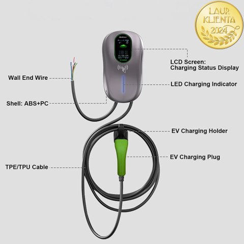 Qoltec Stacja ładowania EV Typ2 do samochodu elektrycznego i hybryd | 22kW | LCD | 2 Karty EV | 3 fazy | Wallbox | Hotel system 