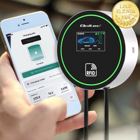 Qoltec Stacja ładowania EV Typ2 do samochodu elektrycznego i hybryd | 22kW | Wi-fi| | LCD | 3 fazy | Wallbox | Smart life | RFI
