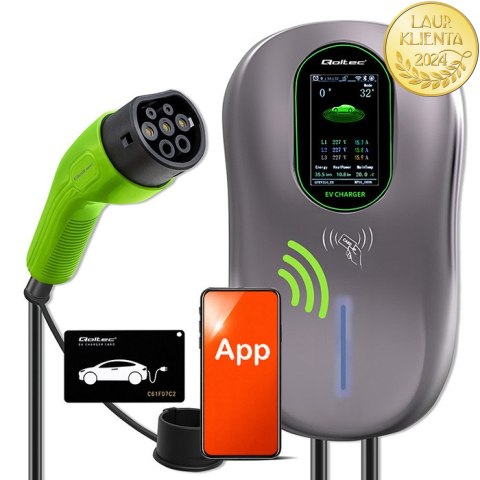 Qoltec Stacja ładowania EV Typ2 do samochodu elektrycznego i hybryd | 22kW | Wi-fi| Smart life | LCD | RFID | 3 fazy | Wallbox |