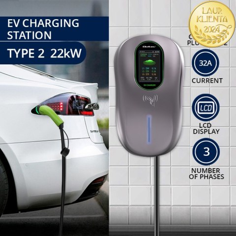 Qoltec Stacja ładowania EV Typ2 do samochodu elektrycznego i hybryd | 22kW | Wi-fi| Smart life | LCD | RFID | 3 fazy | Wallbox |