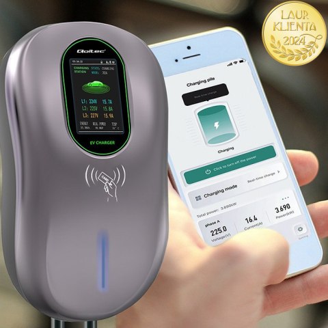 Qoltec Stacja ładowania EV Typ2 do samochodu elektrycznego i hybryd | 22kW | Wi-fi| Smart life | LCD | RFID | 3 fazy | Wallbox |