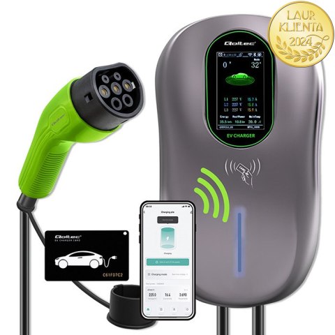 Qoltec Stacja ładowania EV Typ2 do samochodu elektrycznego i hybryd | 22kW | Wi-fi| Smart life | LCD | RFID | 3 fazy | Wallbox |
