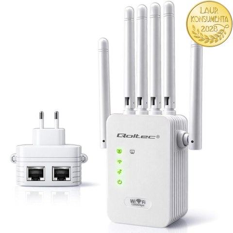 Qoltec Wzmacniacz sygnału WiFi 5 | Repeater | Access Point | AC1200 | 6 Anten | 2x RJ45 | 128MB