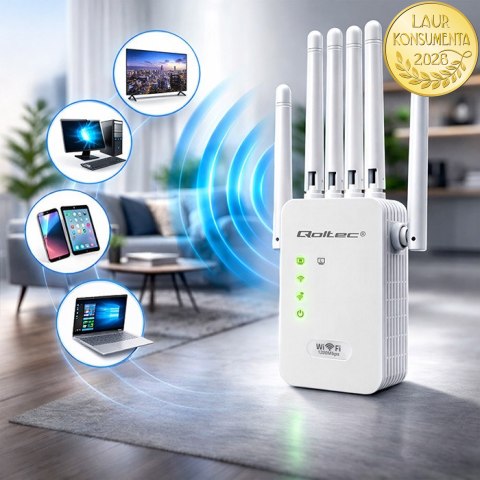 Qoltec Wzmacniacz sygnału WiFi 5 | Repeater | Access Point | AC1200 | 6 Anten | 2x RJ45 | 128MB