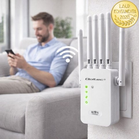 Qoltec Wzmacniacz sygnału WiFi 5 | Repeater | Access Point | AC1200 | 6 Anten | 2x RJ45 | 128MB