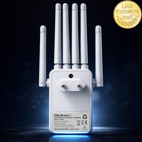 Qoltec Wzmacniacz sygnału WiFi 5 | Repeater | Access Point | AC1200 | 6 Anten | 2x RJ45 | 128MB