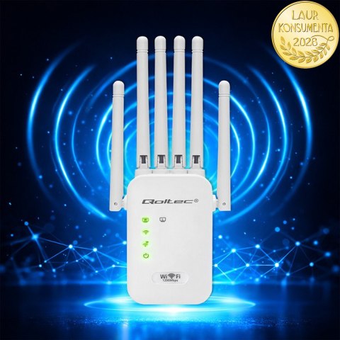 Qoltec Wzmacniacz sygnału WiFi 5 | Repeater | Access Point | AC1200 | 6 Anten | 2x RJ45 | 128MB