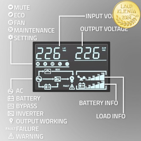 Qoltec Zasilacz awaryjny UPS | 3kVA | 3000W | Power Factor 1.0 | LCD | EPO | USB | On-line