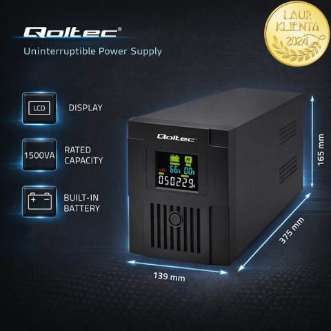 Qoltec Zasilacz awaryjny UPS Line Interactive | Monolith | 1500VA | 900W | LCD | USB | RJ45