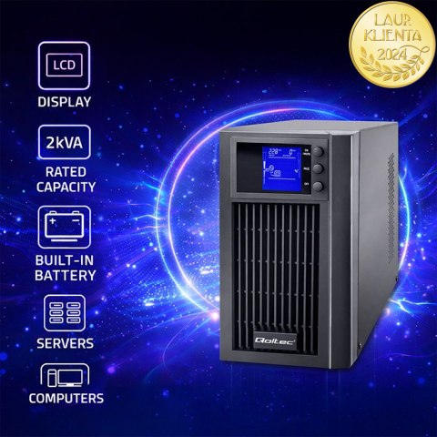 Qoltec Zasilacz awaryjny UPS On-line | Pure Sine Wave | 2kVA | 1.6kW | LCD | USB