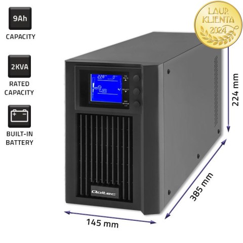 Qoltec Zasilacz awaryjny UPS On-line | Pure Sine Wave | 2kVA | 1.6kW | LCD | USB