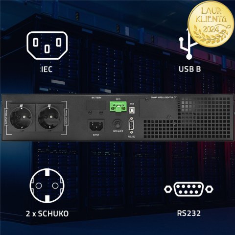 Qoltec Zasilacz awaryjny UPS do RACK | 1kVA | 1000W | Power Factor 1.0 | LCD | EPO | USB | On-line